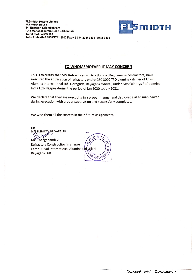 certificate//FL Smidth Pvt Ltd in Tamil Nadu - Alumina calciner of Utkal alumina international ltd - Refractory Applicator Company In West Bengal 3.jpg